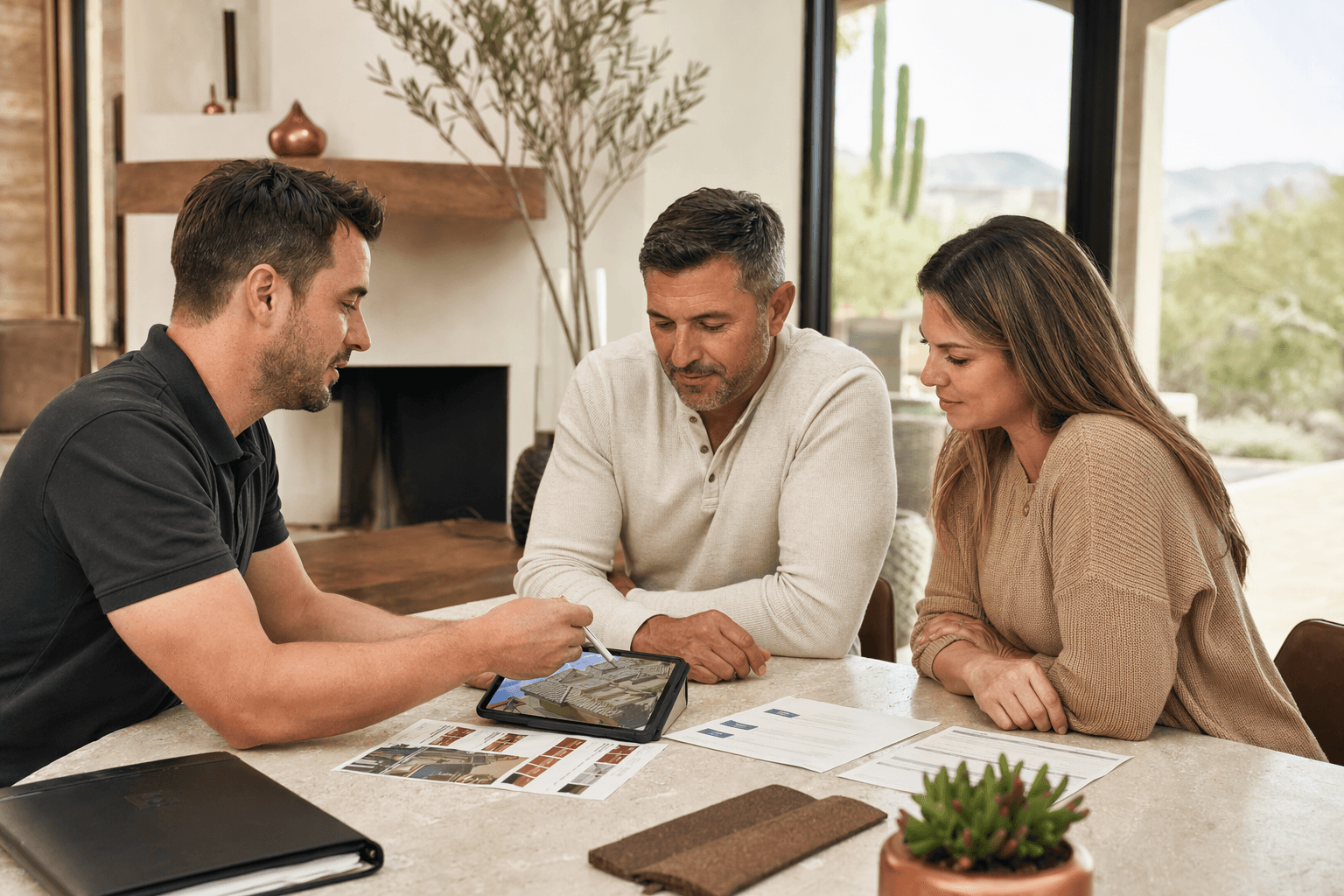 Roofing consultant reviewing replacement and financing options with homeowners in a bright Arizona-style home interior.