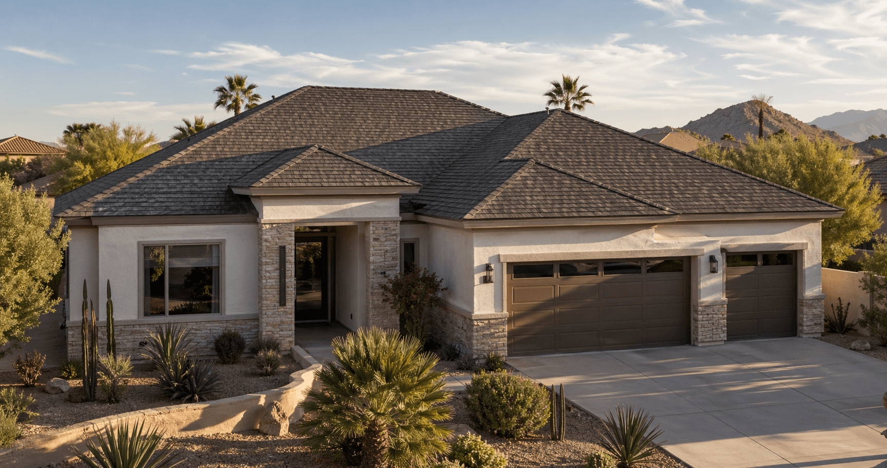 Arizona stucco home with a fresh architectural shingle roof in late-afternoon desert light.