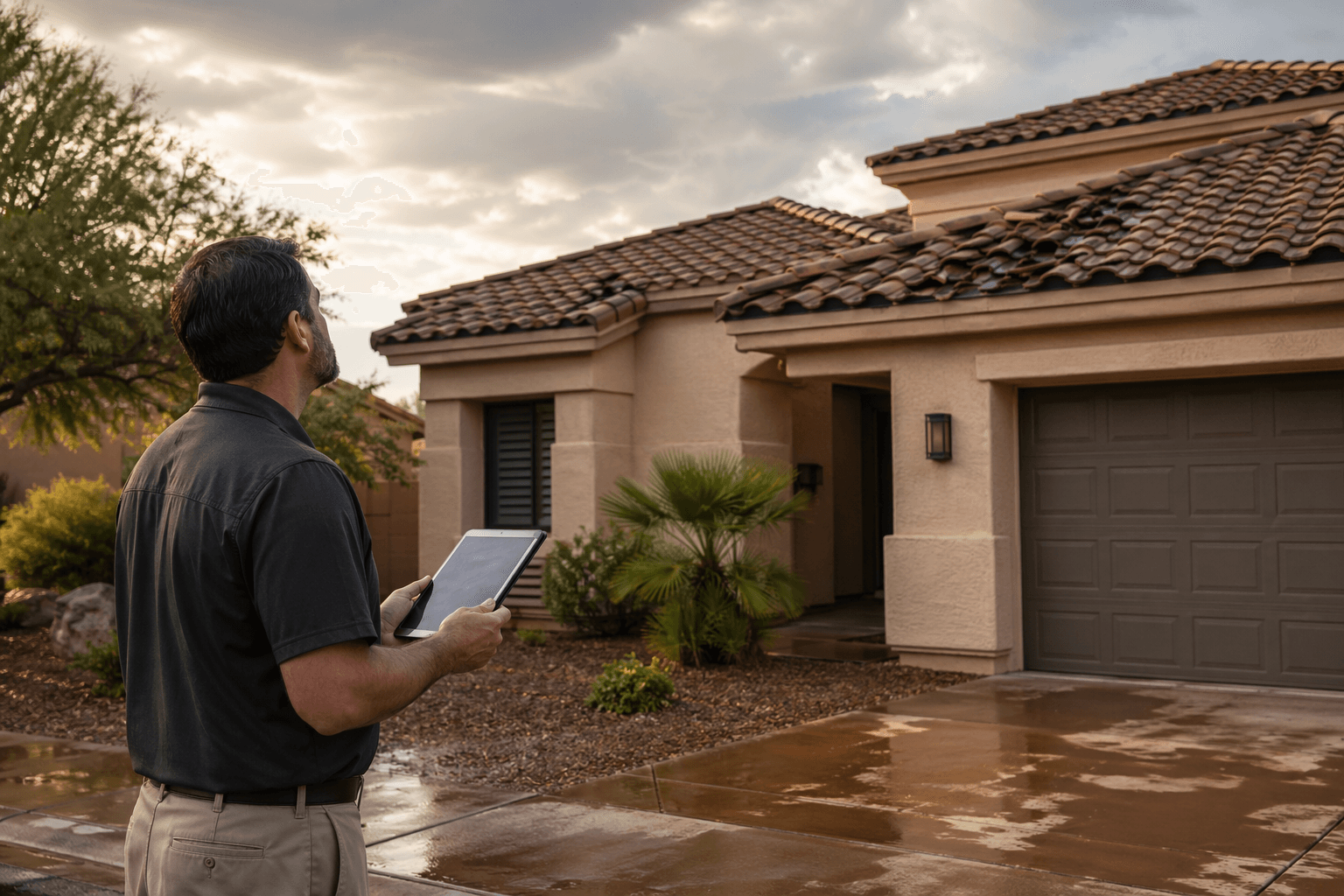 Roof inspector reviewing storm-related tile roof damage outside a Phoenix-area home after a monsoon storm.