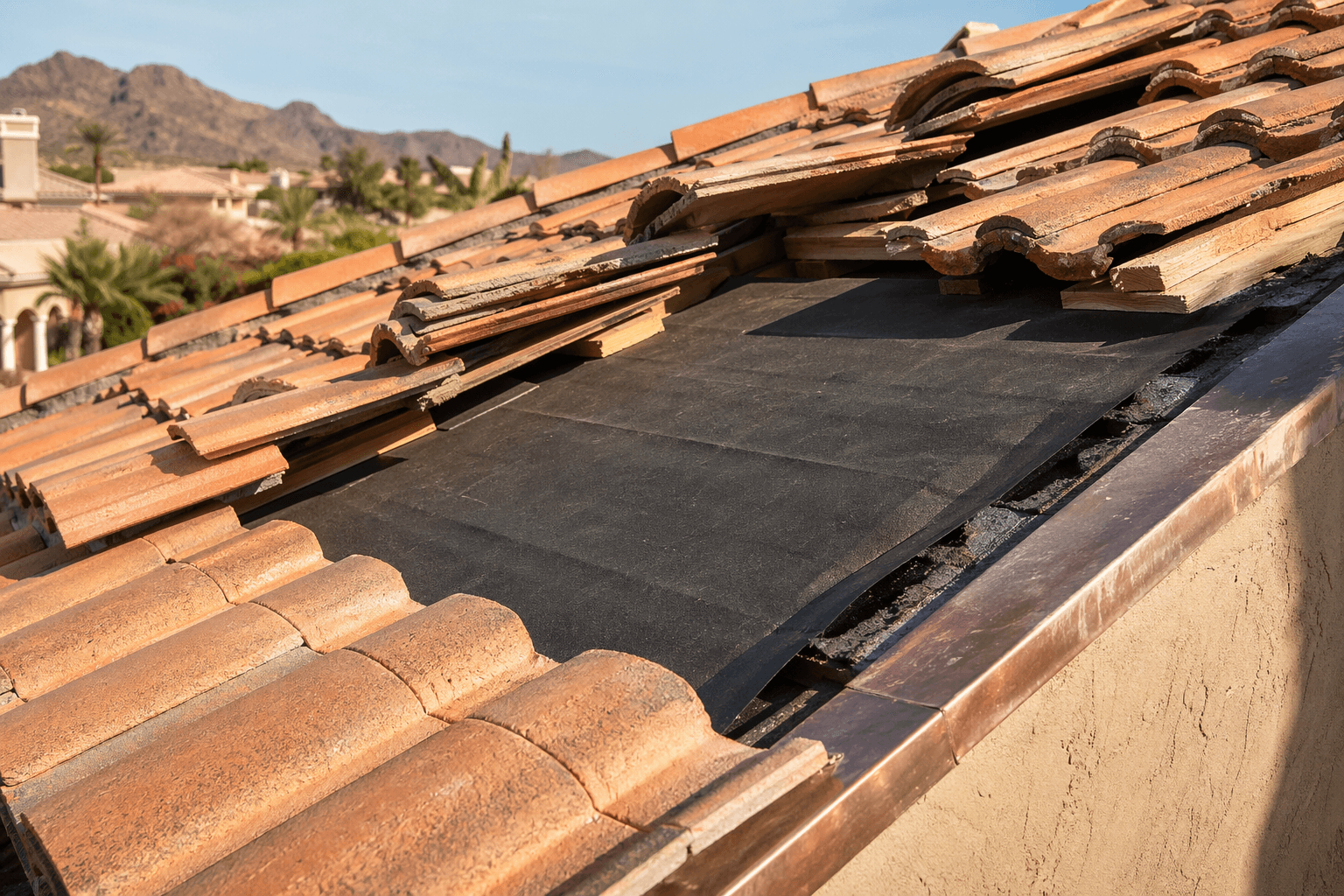 Arizona tile roof with lifted tiles exposing fresh black high-heat underlayment and copper-toned flashing.